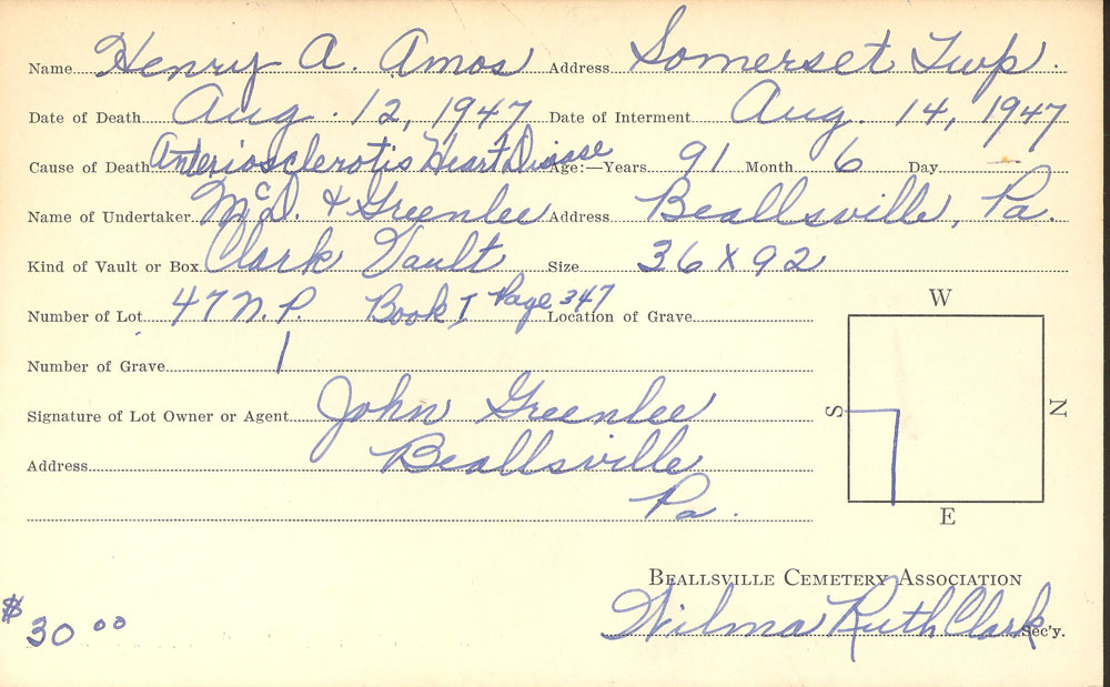 Henry A. Amos burial card